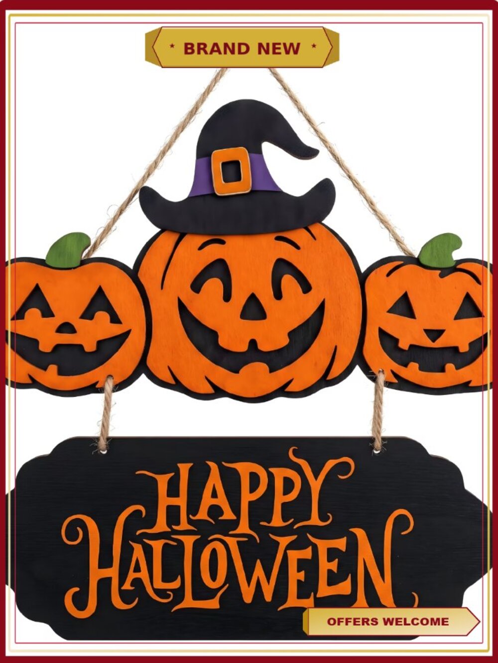 15.7" Halloween Pumpkin Door Sign Wooden Hanging Decor Jack-o'-Lantern Witch Hat